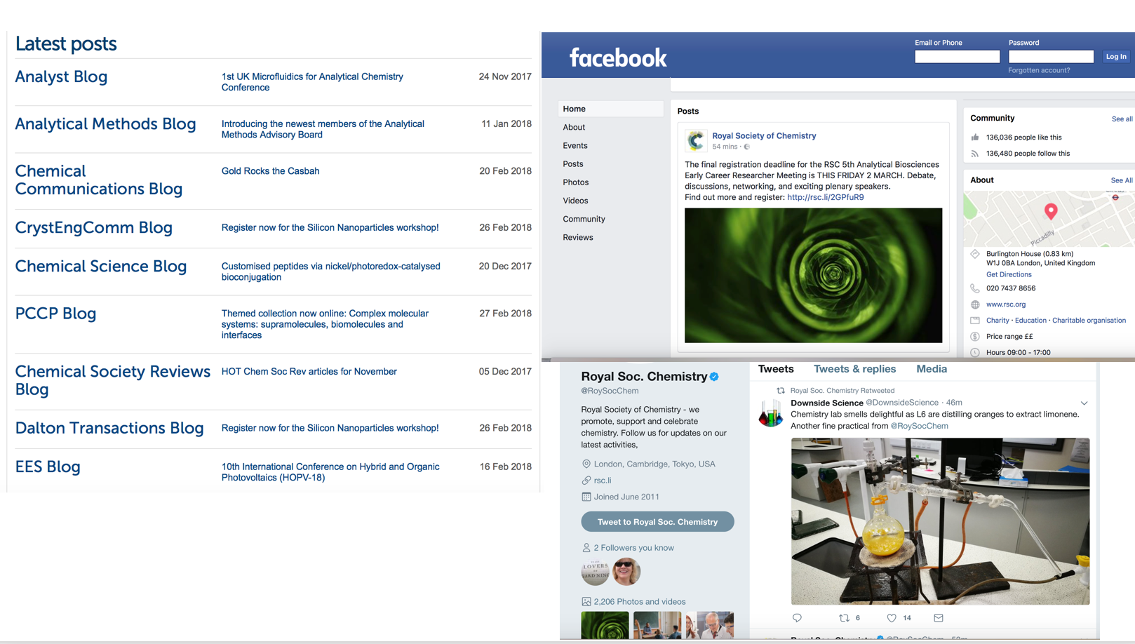 As an example of scholarly social media, the Royal Society of Chemistry in London has a series of blogs, a Facebook page, and a Twitter feed.