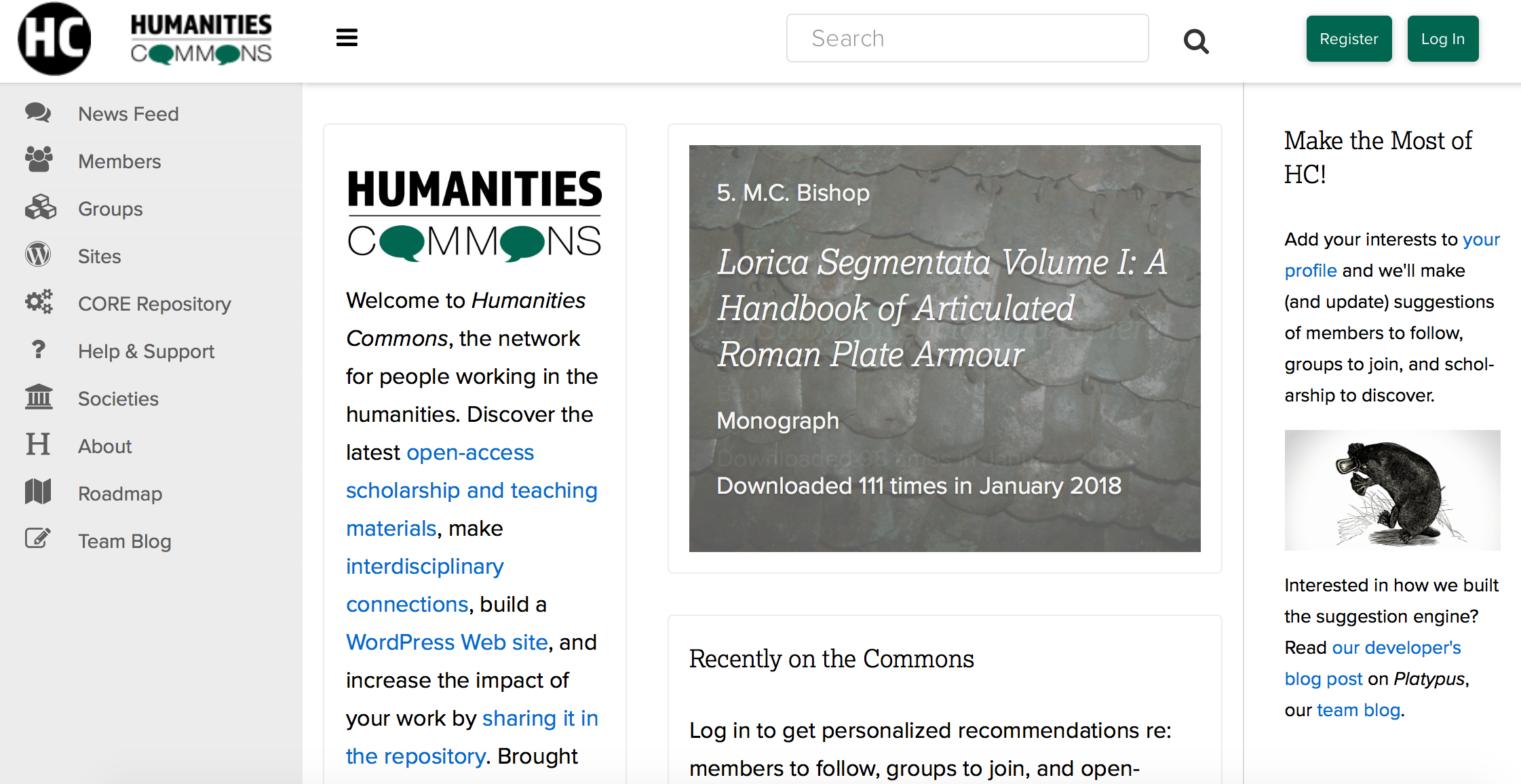 The Humanities Commons website combines information resource exchange with social media communications.